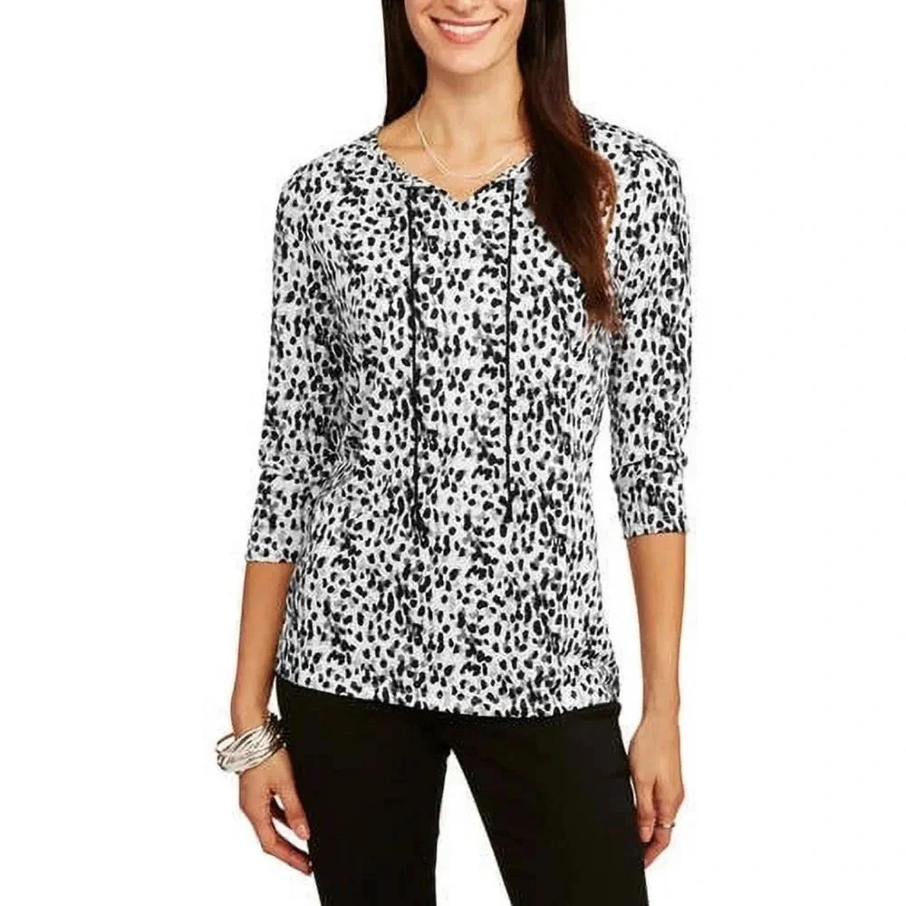 Faded Glory 3/4 Sleeve Peasant Top Womens Med Black/White Animal Print Rope Tie